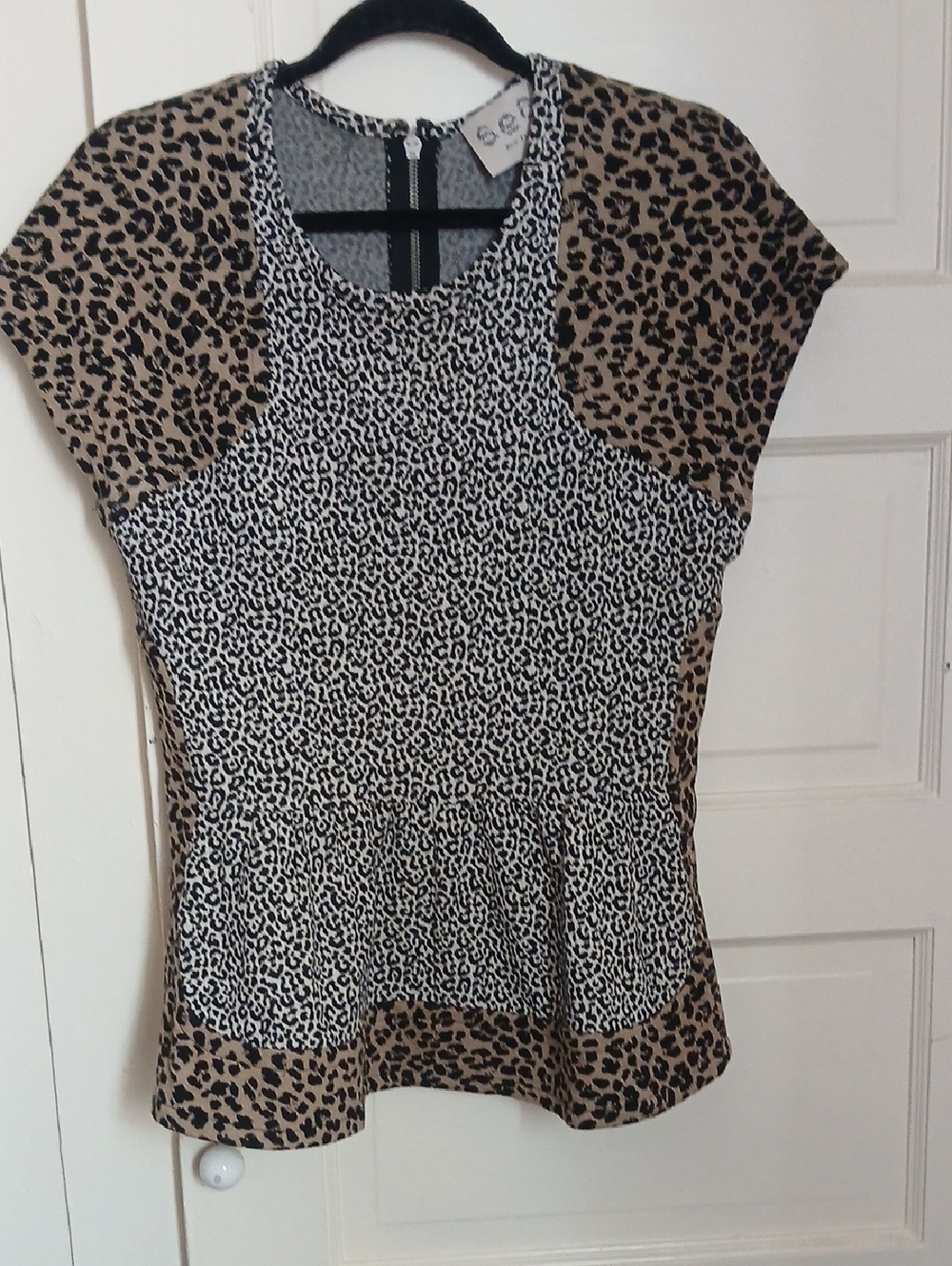 Sea New York Leopard-Panel Peplum Tee - Beige & Black